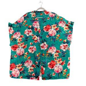 Myesper Kimono Wrap Top Women OS Green Floral Short Sleeve Open Front Cardigan